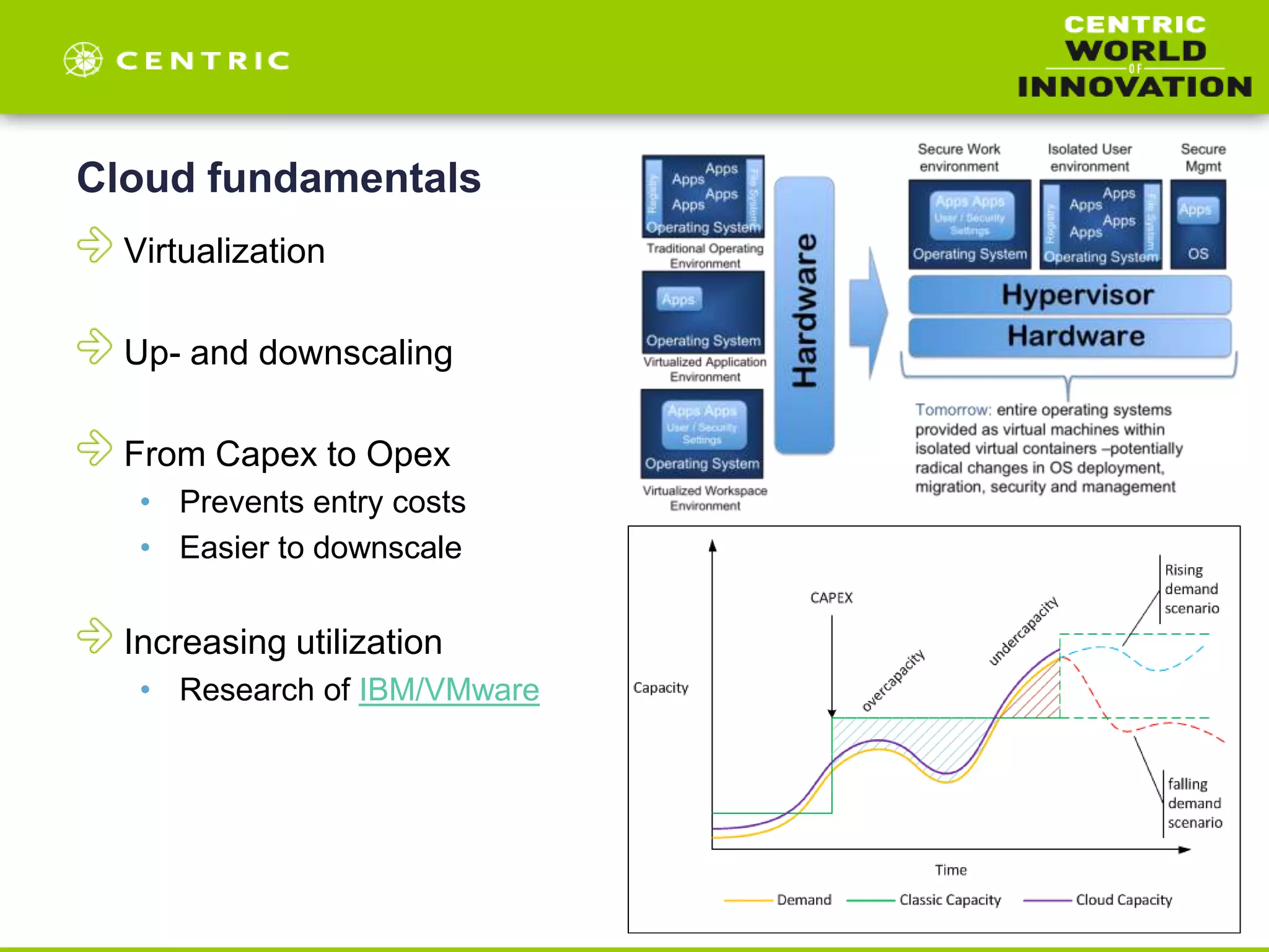 Cloud fundamentals
Virtualization
Up- and downscaling
From Capex to Opex
• Prevents entry costs
• Easier to downscale
Increasing utilization
• Research of IBM/VMware
 