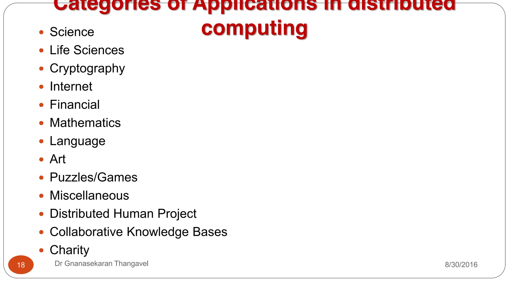 Categories of Applications in distributed
computing
y Science
y Life Sciences
y Cryptography
y Internet
y Financial
y Mathematics
y Language
y Art
y Puzzles/Games
y Miscellaneous
y Distributed Human Project
y Collaborative Knowledge Bases
y Charity
18 Dr Gnanasekaran Thangavel 8/30/2016
 