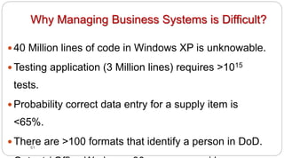 61
Why Managing Business Systems is Difficult?
y 40 Million lines of code in Windows XP is unknowable.
y Testing application (3 Million lines) requires >1015
tests.
y Probability correct data entry for a supply item is
<65%.
y There are >100 formats that identify a person in DoD.
 