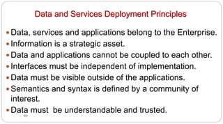 69
Data and Services Deployment Principles
y Data, services and applications belong to the Enterprise.
y Information is a strategic asset.
y Data and applications cannot be coupled to each other.
y Interfaces must be independent of implementation.
y Data must be visible outside of the applications.
y Semantics and syntax is defined by a community of
interest.
y Data must be understandable and trusted.
 