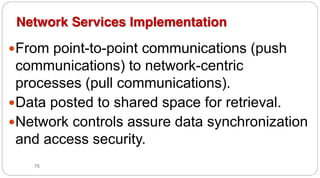 75
Network Services Implementation
yFrom point-to-point communications (push
communications) to network-centric
processes (pull communications).
yData posted to shared space for retrieval.
yNetwork controls assure data synchronization
and access security.
 