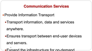 76
Communication Services
yProvide Information Transport
yTransport information, data and services
anywhere.
yEnsures transport between end-user devices
and servers.
 