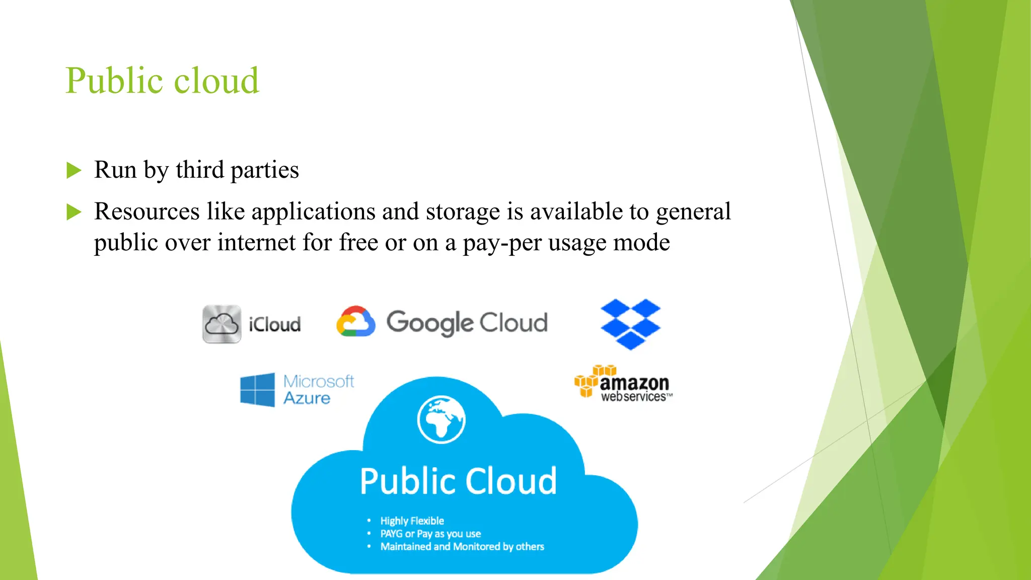 Public cloud
 Run by third parties
 Resources like applications and storage is available to general
public over internet for free or on a pay-per usage mode
 