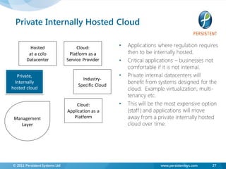 Private Internally Hosted Cloud

          Hosted                     Cloud:           •   Applications where regulation requires
         at a colo               Platform as a            then to be internally hosted.
        Datacenter              Service Provider      •   Critical applications – businesses not
                                                          comfortable if it is not internal.
  Private,                                            •   Private internal datacenters will
                                       Industry-
 Internally
                                     Specific Cloud
                                                          benefit from systems designed for the
hosted cloud                                              cloud. Example virtualization, multi-
                                                          tenancy etc.
                                    Cloud:            •   This will be the most expensive option
                                Application as a          (staff ) and applications will move
 Management                        Platform               away from a private internally hosted
    Layer                                                 cloud over time.




© 2011 Persistent Systems Ltd                                          www.persistentsys.com   27
 