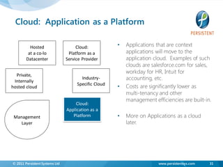 Cloud: Application as a Platform

          Hosted                     Cloud:           •   Applications that are context
         at a co-lo              Platform as a            applications will move to the
        Datacenter              Service Provider          application cloud. Examples of such
                                                          clouds are salesforce.com for sales,
                                                          workday for HR, Intuit for
  Private,
 Internally
                                       Industry-          accounting, etc.
                                     Specific Cloud
hosted cloud                                          •   Costs are significantly lower as
                                                          multi-tenancy and other
                                                          management efficiencies are built-in.
                                    Cloud:
                                Application as a
 Management                        Platform           •   More on Applications as a cloud
    Layer                                                 later.




© 2011 Persistent Systems Ltd                                           www.persistentsys.com   31
 