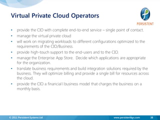 Virtual Private Cloud Operators

 •    provide the CIO with complete end-to-end service – single point of contact.
 •    manage the virtual private cloud
 •    will work on migrating workloads to different configurations optimized to the
      requirements of the CIO/Business.
 •    provide high-touch support to the end-users and to the CIO.
 •    manage the Enterprise App Store. Decide which applications are appropriate
      for the organization.
 •    translate business requirements and build integration solutions required by the
      business. They will optimize billing and provide a single bill for resources across
      the cloud.
 •    provide the CIO a financial l business model that charges the business on a
      monthly basis.




© 2011 Persistent Systems Ltd                                     www.persistentsys.com     38
 