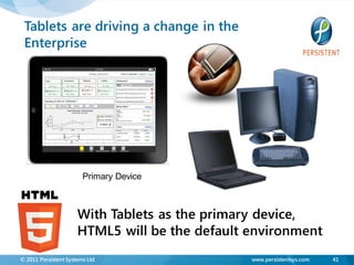 Tablets are driving a change in the
 Enterprise




                        Primary Device



                      With Tablets as the primary device,
                      HTML5 will be the default environment
© 2011 Persistent Systems Ltd                   www.persistentsys.com   41
 