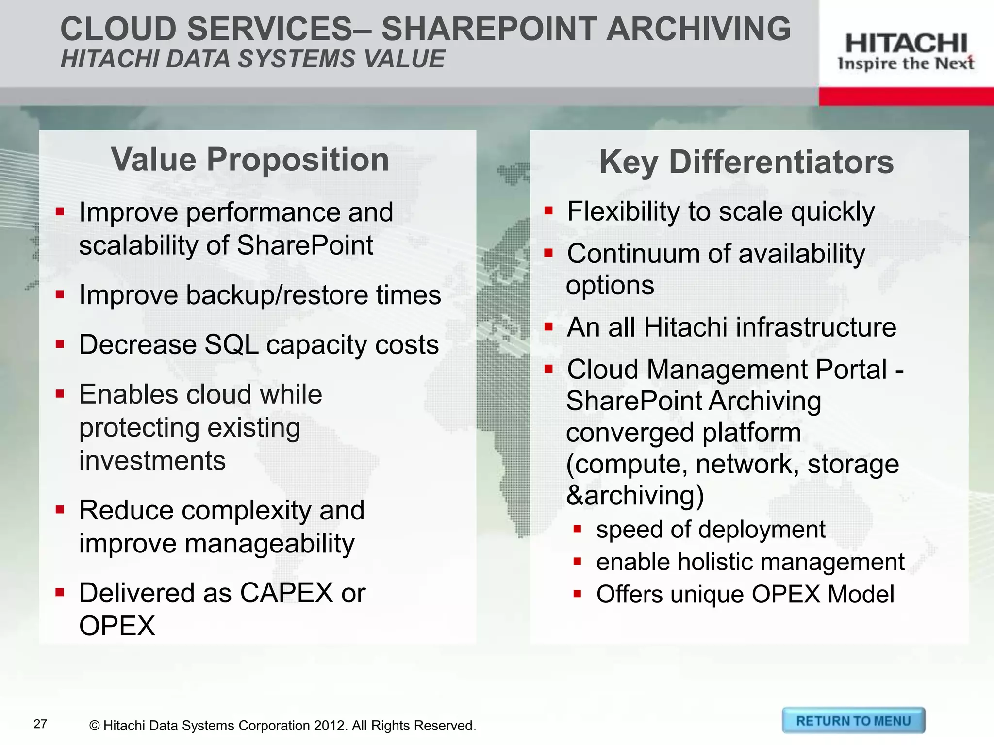 CLOUD SERVICES– SHAREPOINT ARCHIVING
        HITACHI DATA SYSTEMS VALUE



               Value Proposition                                                 Key Differentiators
         Improve performance and                                            Flexibility to scale quickly
          scalability of SharePoint                                          Continuum of availability
         Improve backup/restore times                                        options
                                                                             An all Hitachi infrastructure
         Decrease SQL capacity costs
                                                                             Cloud Management Portal -
         Enables cloud while                                                 SharePoint Archiving
          protecting existing                                                 converged platform
          investments                                                         (compute, network, storage
                                                                              &archiving)
         Reduce complexity and
                                                                               speed of deployment
          improve manageability
                                                                               enable holistic management
         Delivered as CAPEX or                                                Offers unique OPEX Model
          OPEX


27 27       © Hitachi Data Systems Corporation 2012. All Rights Reserved.
        © Hitachi Data Systems Corporation 2012. All Rights Reserved.
 