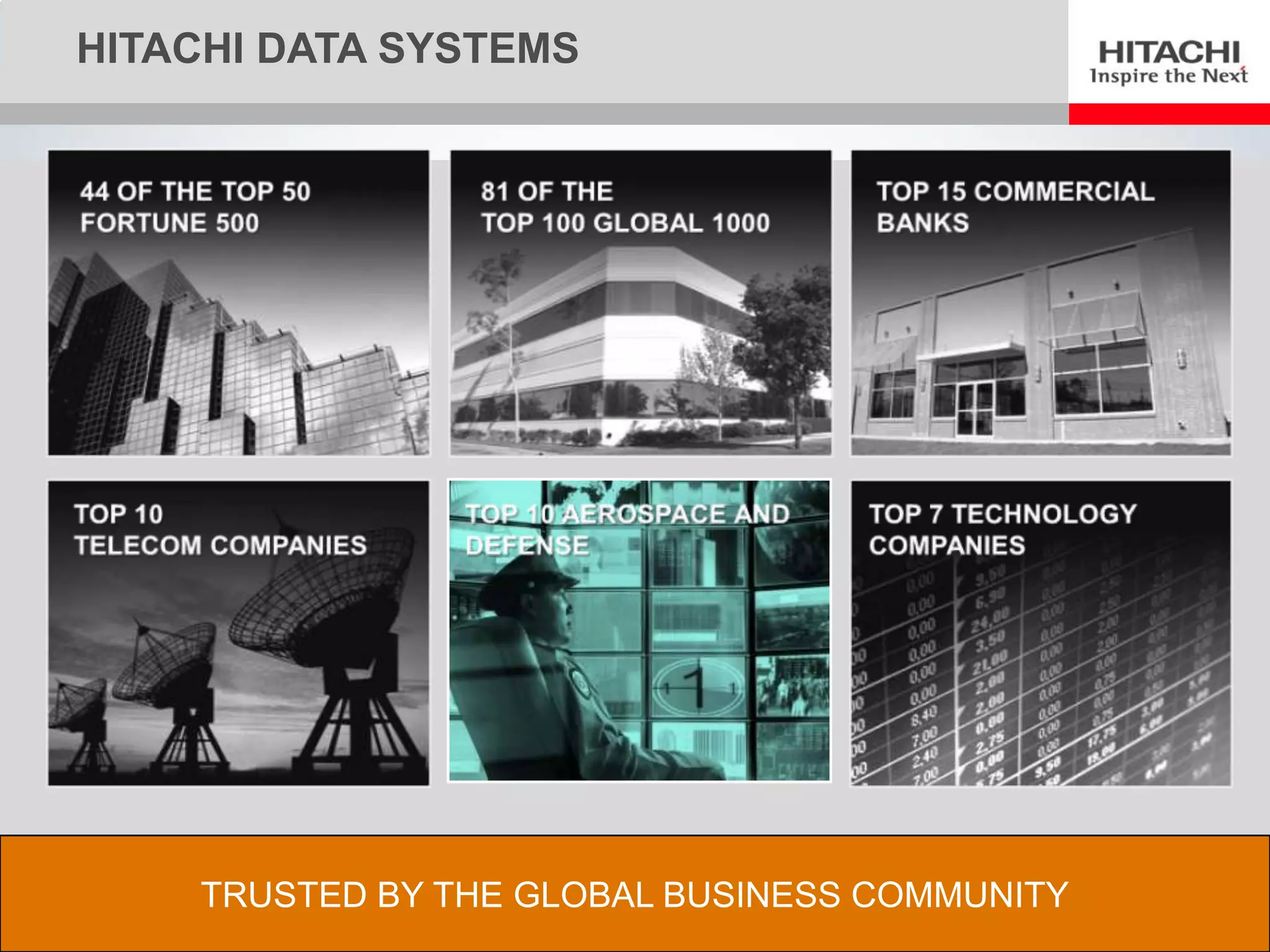HITACHI DATA SYSTEMS




                   TRUSTED BY THE GLOBAL BUSINESS COMMUNITY
34   © Hitachi Data Systems Corporation 2012. All Rights Reserved.
 