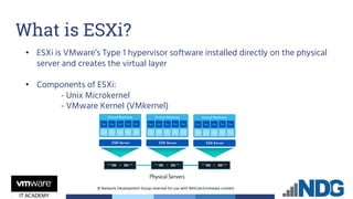 © Network Development Group reserved for use with NDG.tech/vmware content
• ESXi is VMware’s Type 1 hypervisor software installed directly on the physical
server and creates the virtual layer
• Components of ESXi:
- Unix Microkernel
- VMware Kernel (VMkernel)
What is ESXi?
 
