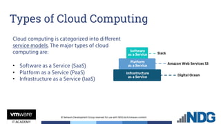 © Network Development Group reserved for use with NDG.tech/vmware content
• Software as a Service (SaaS)
• Platform as a Service (PaaS)
• Infrastructure as a Service (IaaS)
Types of Cloud Computing
Cloud computing is categorized into different
service models. The major types of cloud
computing are:
 