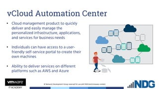 © Network Development Group reserved for use with NDG.tech/vmware content
• Cloud management product to quickly
deliver and easily manage the
personalized infrastructure, applications,
and services for business needs
• Individuals can have access to a user-
friendly self-service portal to create their
own machines
• Ability to deliver services on different
platforms such as AWS and Azure
vCloud Automation Center
 
