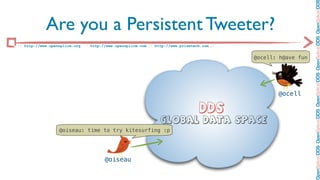 OpenSplice DDS OpenSplice DDS OpenSplice DDS OpenSplice DDS OpenSplice DD
            Are you a Persistent Tweeter?
:: http://www.opensplice.org :: http://www.opensplice.com :: http://www.prismtech.com ::


                                                                                           @ocell: h@ave fun




                                                                                                  @ocell

                                                                                 DDS
                                                               Global Data Space
                  @oiseau: time to try kitesurfing :p




                                      @oiseau
 