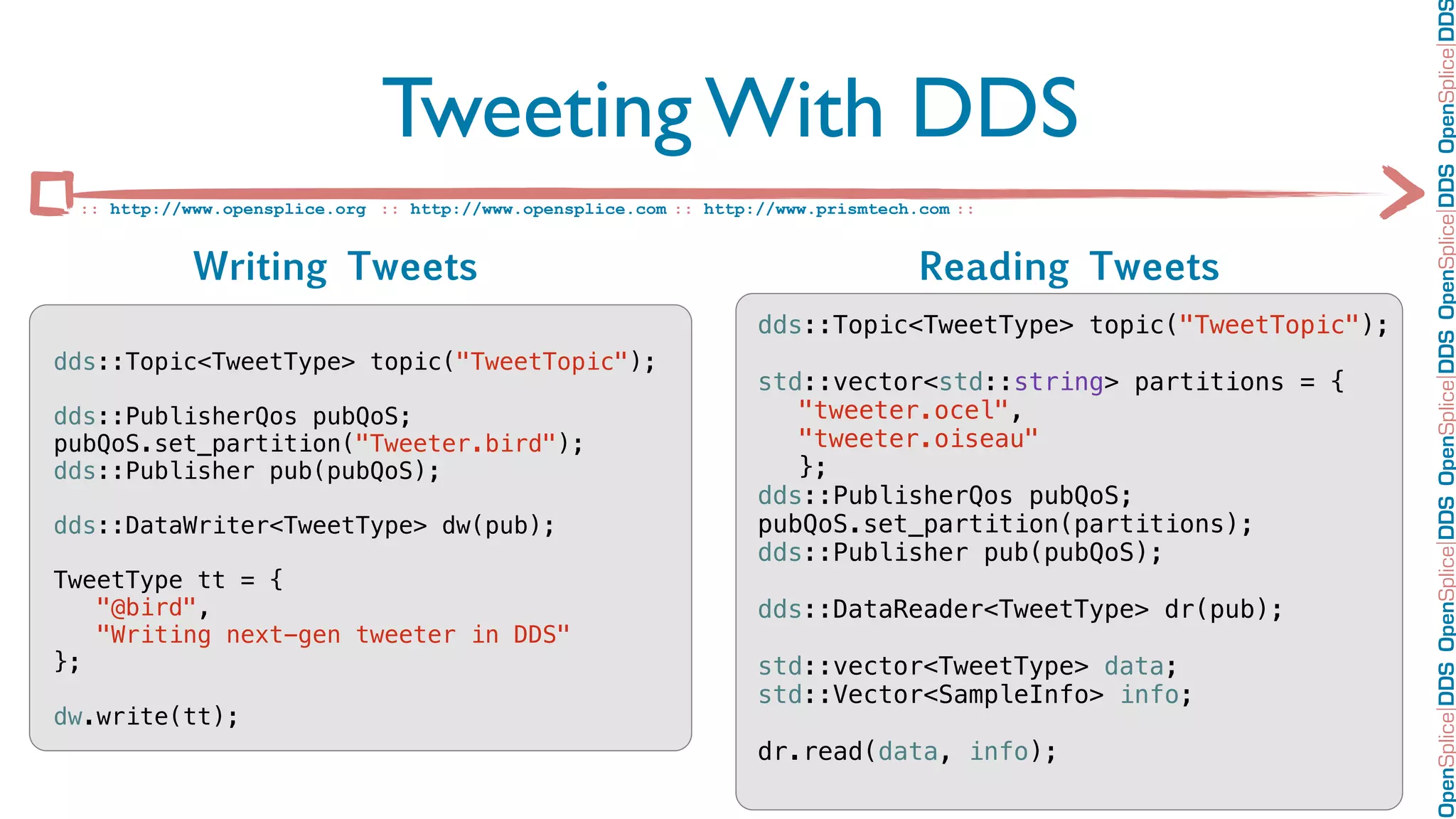 OpenSplice DDS OpenSplice DDS OpenSplice DDS OpenSplice DDS OpenSplice DD
                              Tweeting With DDS
 :: http://www.opensplice.org :: http://www.opensplice.com :: http://www.prismtech.com ::


            Writing Tweets                                                         Reading Tweets
                                                                   dds::Topic<TweetType> topic("TweetTopic");
dds::Topic<TweetType> topic("TweetTopic");
                                                                   std::vector<std::string> partitions = {
dds::PublisherQos pubQoS;                                             "tweeter.ocel",
pubQoS.set_partition("Tweeter.bird");                                 "tweeter.oiseau"
dds::Publisher pub(pubQoS);                                           };
                                                                   dds::PublisherQos pubQoS;
dds::DataWriter<TweetType> dw(pub);                                pubQoS.set_partition(partitions);
                                                                   dds::Publisher pub(pubQoS);
TweetType tt = {
   "@bird",                                                        dds::DataReader<TweetType> dr(pub);
   "Writing next-gen tweeter in DDS"
};                                                                 std::vector<TweetType> data;
                                                                   std::Vector<SampleInfo> info;
dw.write(tt);
                                                                   dr.read(data, info);
 