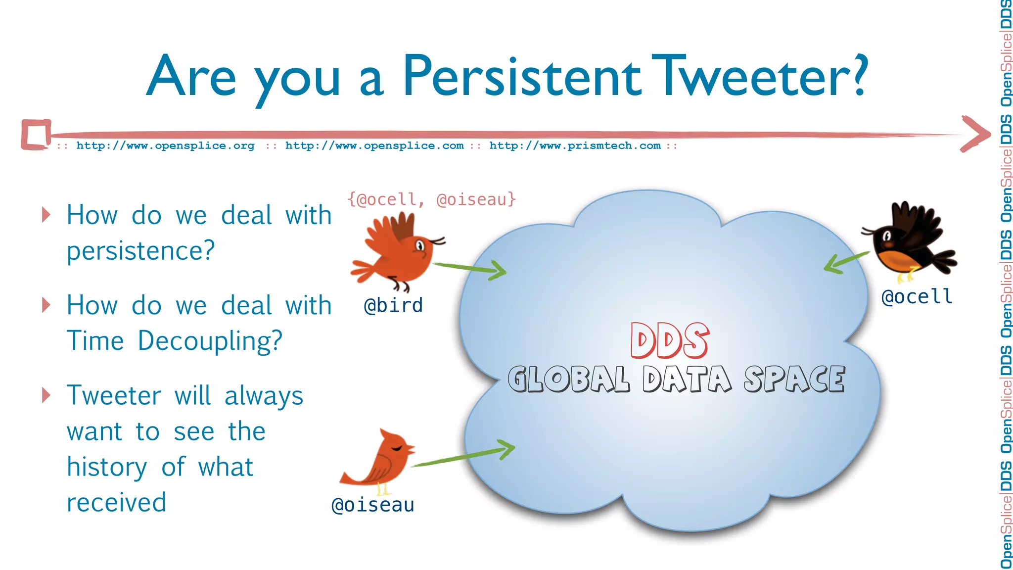 OpenSplice DDS OpenSplice DDS OpenSplice DDS OpenSplice DDS OpenSplice DD
             Are you a Persistent Tweeter?
 :: http://www.opensplice.org :: http://www.opensplice.com :: http://www.prismtech.com ::



                                          {@ocell, @oiseau}
‣ How do we deal with
  persistence?

‣ How do we deal with                       @bird                                           @ocell

  Time Decoupling?                                                                DDS
                                                                Global Data Space
‣ Tweeter will always
  want to see the
  history of what
  received                             @oiseau
 