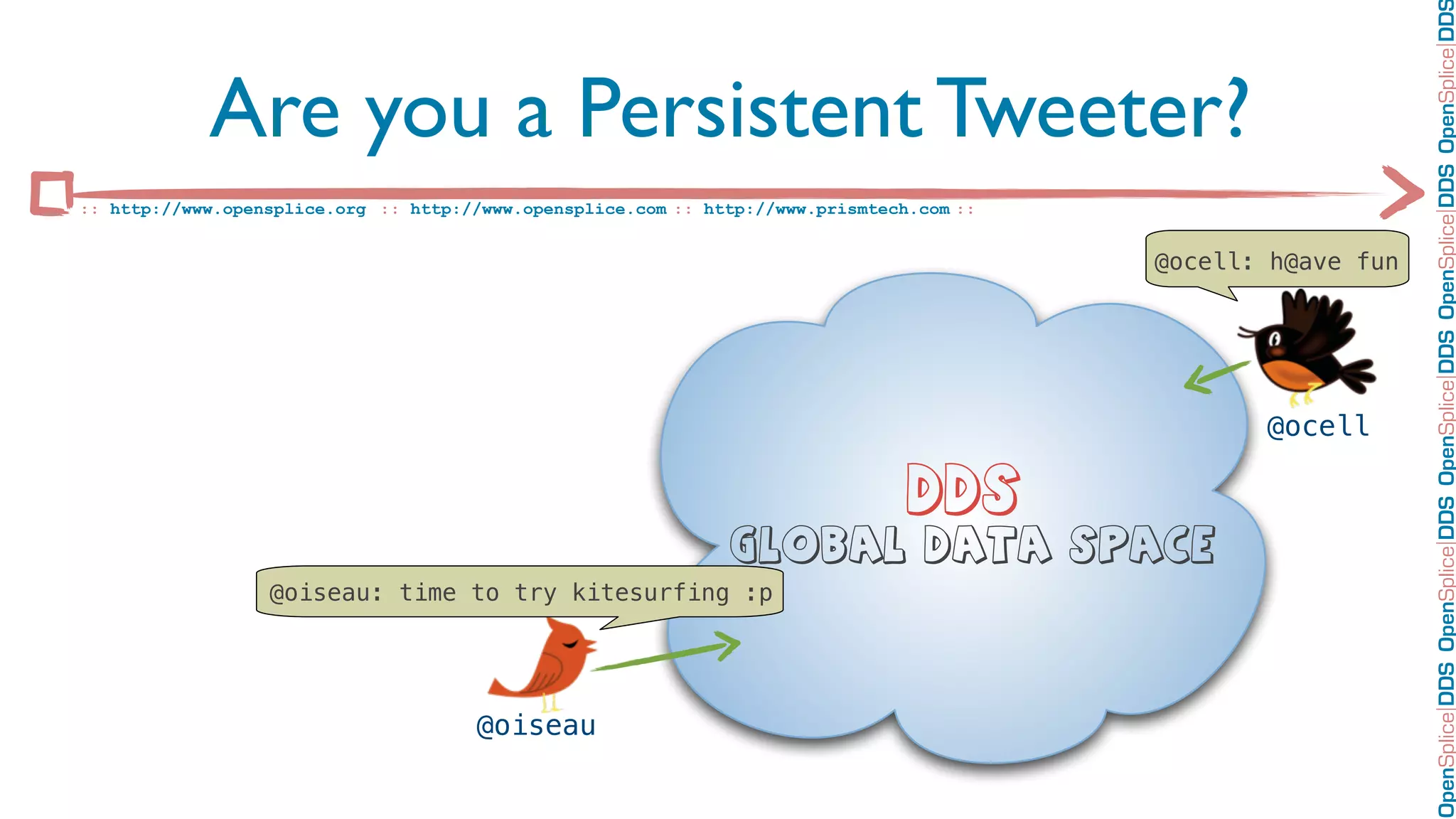 OpenSplice DDS OpenSplice DDS OpenSplice DDS OpenSplice DDS OpenSplice DD
            Are you a Persistent Tweeter?
:: http://www.opensplice.org :: http://www.opensplice.com :: http://www.prismtech.com ::


                                                                                           @ocell: h@ave fun




                                                                                                  @ocell

                                                                                 DDS
                                                               Global Data Space
                  @oiseau: time to try kitesurfing :p




                                      @oiseau
 