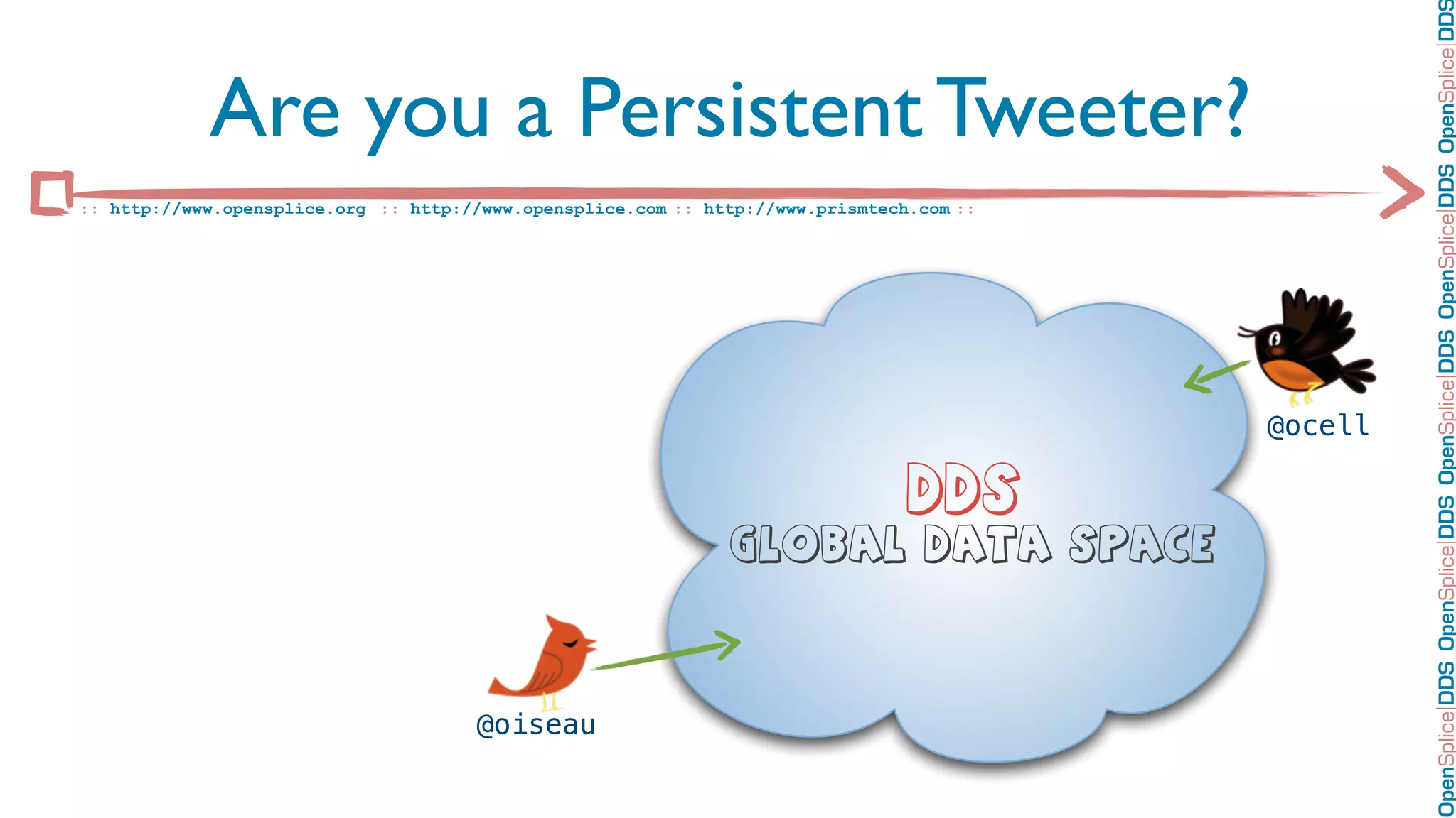 OpenSplice DDS OpenSplice DDS OpenSplice DDS OpenSplice DDS OpenSplice DD
            Are you a Persistent Tweeter?
:: http://www.opensplice.org :: http://www.opensplice.com :: http://www.prismtech.com ::




                                                                                           @ocell

                                                                                 DDS
                                                               Global Data Space




                                      @oiseau
 