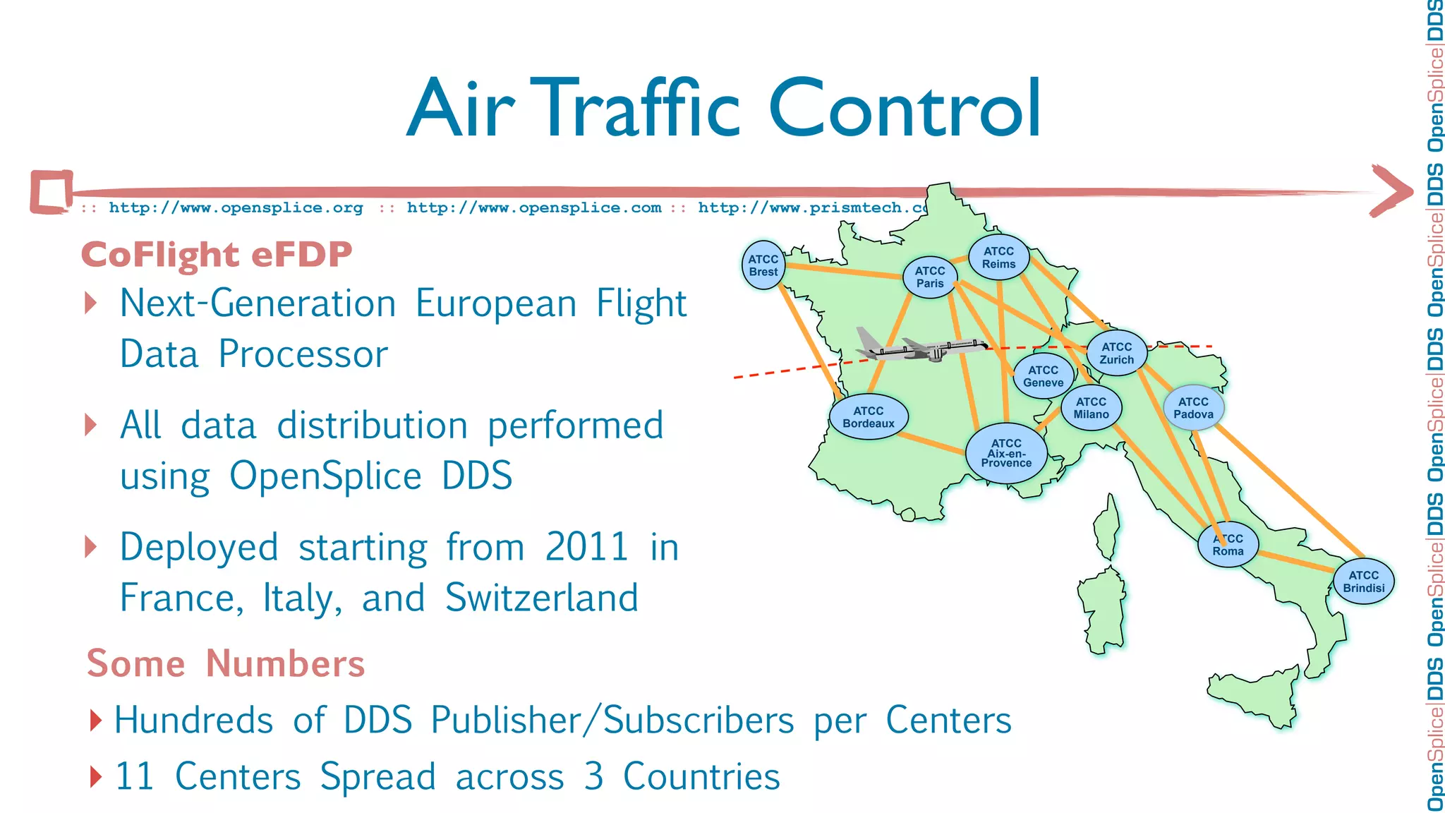 OpenSplice DDS OpenSplice DDS OpenSplice DDS OpenSplice DDS OpenSplice DD
                                Air Trafﬁc Control
:: http://www.opensplice.org :: http://www.opensplice.com :: http://www.prismtech.com ::


CoFlight eFDP                                                     ATCC
                                                                  Brest               ATCC
                                                                                              ATCC
                                                                                              Reims



‣ Next-Generation European Flight
                                                                                      Paris




  Data Processor                                                                                       ATCC
                                                                                                                   ATCC
                                                                                                                   Zurich

                                                                                                      Geneve



‣ All data distribution performed
                                                                                                               ATCC          ATCC
                                                                            ATCC                               Milano       Padova
                                                                           Bordeaux
                                                                                                ATCC
                                                                                               Aix-en-

    using OpenSplice DDS
                                                                                              Provence




‣ Deployed starting from 2011 in                                                                                                 ATCC
                                                                                                                                 Roma

                                                                                                                                         ATCC

    France, Italy, and Switzerland
                                                                                                                                        Brindisi




Some Numbers
‣ Hundreds of DDS Publisher/Subscribers per Centers
‣ 11 Centers Spread across 3 Countries
 