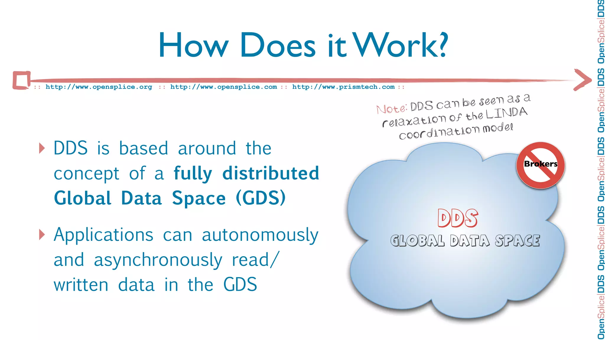 OpenSplice DDS OpenSplice DDS OpenSplice DDS OpenSplice DDS OpenSplice DD
                             How Does it Work?
:: http://www.opensplice.org :: http://www.opensplice.com :: http://www.prismtech.com ::
                                                                                                         as a
                                                                                            c an be seen
                                                                                 Note: DDS               NDA
                                                                                            n  of the LI
                                                                                  relaxatio
                                                                                                       odel
                                                                                     coord ination m

‣ DDS is based around the
                                                                                                           Brokers
    concept of a fully distributed
    Global Data Space (GDS)
                                                                                            DDS
‣ Applications can autonomously                                                     Global Data Space

    and asynchronously read/
    written data in the GDS
 