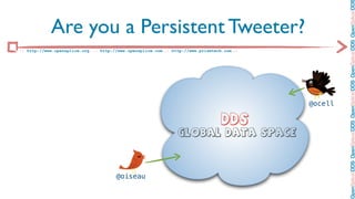 OpenSplice DDS OpenSplice DDS OpenSplice DDS OpenSplice DDS OpenSplice DD
            Are you a Persistent Tweeter?
:: http://www.opensplice.org :: http://www.opensplice.com :: http://www.prismtech.com ::




                                                                                           @ocell

                                                                                 DDS
                                                               Global Data Space




                                      @oiseau
 