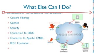 OpenSplice DDS OpenSplice DDS OpenSplice DDS OpenSplice DDS OpenSplice DD
                           What Else Can I Do?
:: http://www.opensplice.org :: http://www.opensplice.com :: http://www.prismtech.com ::



   ‣ Content Filtering
   ‣ Queries                                                                                   DBMS



   ‣ Security
   ‣ Connection to DBMS
   ‣ Connector to Apache CAMEL
   ‣ REST Connector
   ‣ ...                                                                            RESTful
                                                                                                      Apache
                                                                                   Connector          Camel
 