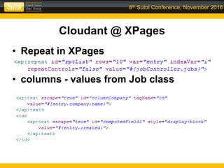 8th Sutol Conference, November 2016
Cloudant @ XPages
• Repeat in XPages
• columns - values from Job class
 