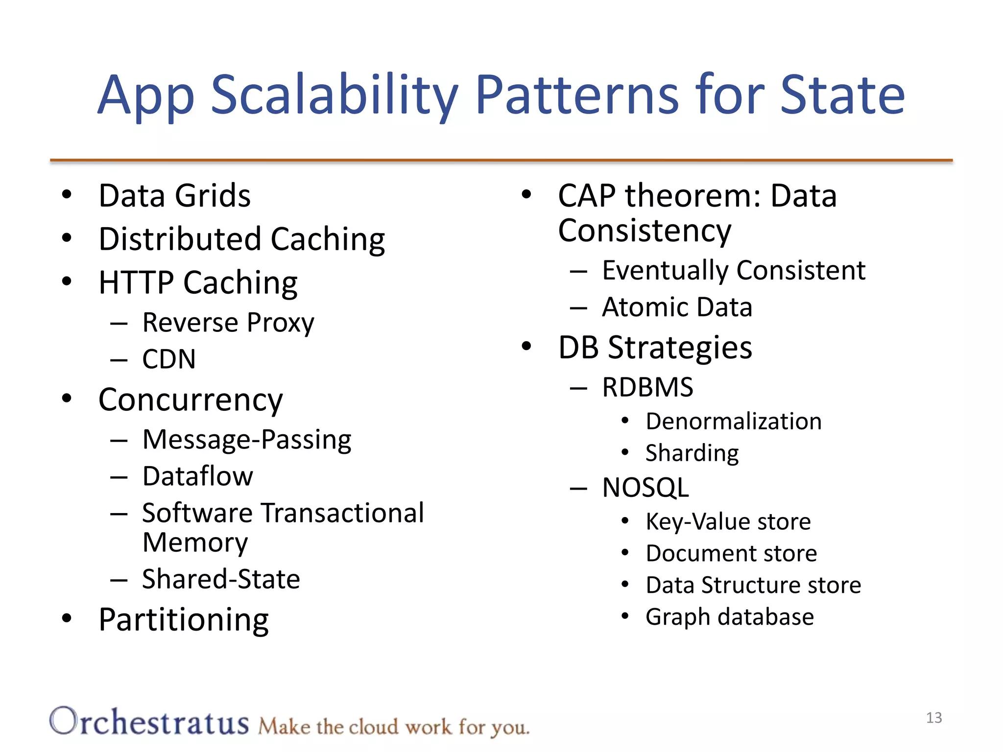App Scalability Patterns for State Data GridsDistributed CachingHTTP CachingReverse ProxyCDNConcurrencyMessage-PassingDataflowSoftware Transactional MemoryShared-StatePartitioningCAP theorem: Data ConsistencyEventually ConsistentAtomic DataDB StrategiesRDBMSDenormalizationShardingNOSQLKey-Value storeDocument storeData Structure storeGraph database13