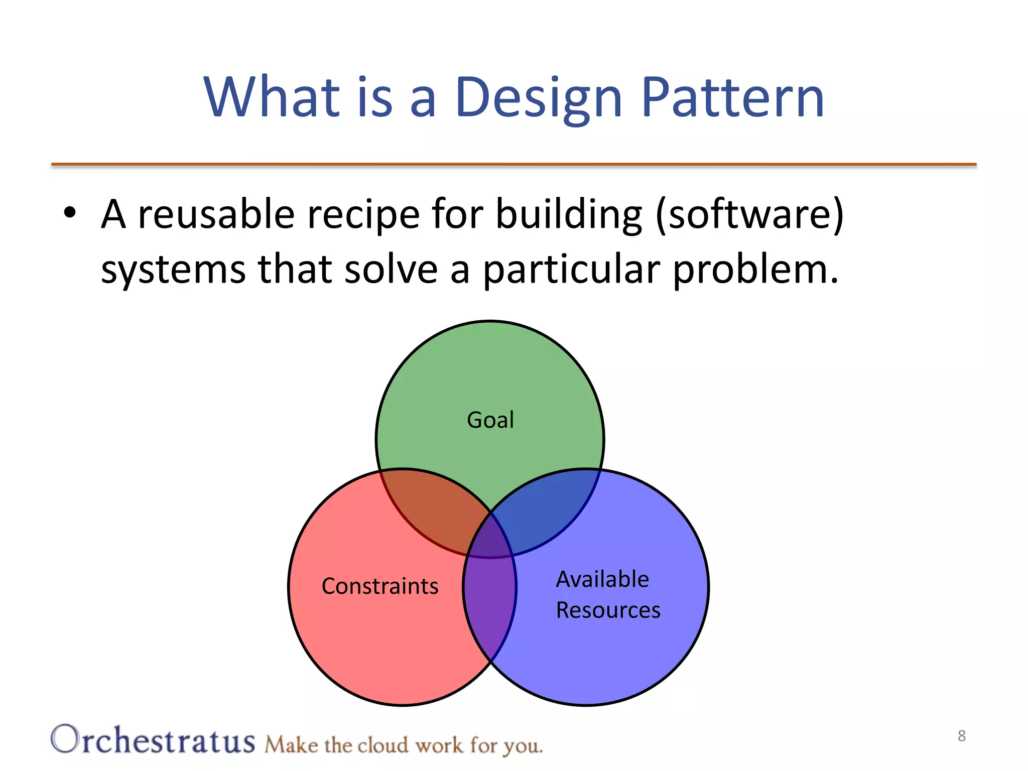 What is a Design PatternA reusable recipe for building (software) systems that solve a particular problem.GoalAvailableResourcesConstraints8