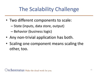 The Scalability Challenge<br />Two different components to scale:<br />State (inputs, data store, output)<br />Behavior (b...