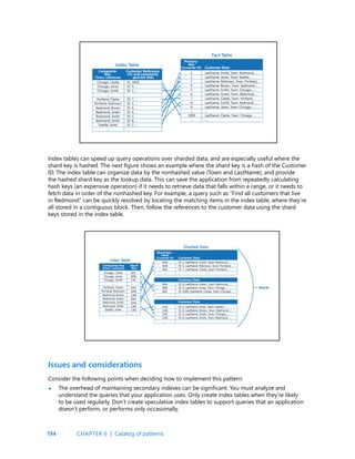 194
Index tables can speed up query operations over sharded data, and are especially useful where the
shard key is hashed. The next figure shows an example where the shard key is a hash of the Customer
ID. The index table can organize data by the nonhashed value (Town and LastName), and provide
the hashed shard key as the lookup data. This can save the application from repeatedly calculating
hash keys (an expensive operation) if it needs to retrieve data that falls within a range, or it needs to
fetch data in order of the nonhashed key. For example, a query such as “Find all customers that live
in Redmond” can be quickly resolved by locating the matching items in the index table, where they’re
all stored in a contiguous block. Then, follow the references to the customer data using the shard
keys stored in the index table.
Consider the following points when deciding how to implement this pattern:
The overhead of maintaining secondary indexes can be significant. You must analyze and
understand the queries that your application uses. Only create index tables when they’re likely
to be used regularly. Don’t create speculative index tables to support queries that an application
doesn’t perform, or performs only occasionally.
Issues and considerations
•
CHAPTER 6 | Catalog of patterns
 