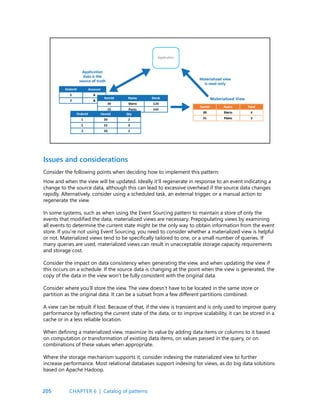 205
Consider the following points when deciding how to implement this pattern:
How and when the view will be updated. Ideally it’ll regenerate in response to an event indicating a
change to the source data, although this can lead to excessive overhead if the source data changes
rapidly. Alternatively, consider using a scheduled task, an external trigger, or a manual action to
regenerate the view.
In some systems, such as when using the Event Sourcing pattern to maintain a store of only the
events that modified the data, materialized views are necessary. Prepopulating views by examining
all events to determine the current state might be the only way to obtain information from the event
store. If you’re not using Event Sourcing, you need to consider whether a materialized view is helpful
or not. Materialized views tend to be specifically tailored to one, or a small number of queries. If
many queries are used, materialized views can result in unacceptable storage capacity requirements
and storage cost.
Consider the impact on data consistency when generating the view, and when updating the view if
this occurs on a schedule. If the source data is changing at the point when the view is generated, the
copy of the data in the view won’t be fully consistent with the original data.
Consider where you’ll store the view. The view doesn’t have to be located in the same store or
partition as the original data. It can be a subset from a few different partitions combined.
A view can be rebuilt if lost. Because of that, if the view is transient and is only used to improve query
performance by reflecting the current state of the data, or to improve scalability, it can be stored in a
cache or in a less reliable location.
When defining a materialized view, maximize its value by adding data items or columns to it based
on computation or transformation of existing data items, on values passed in the query, or on
combinations of these values when appropriate.
Where the storage mechanism supports it, consider indexing the materialized view to further
increase performance. Most relational databases support indexing for views, as do big data solutions
based on Apache Hadoop.
Issues and considerations
CHAPTER 6 | Catalog of patterns
 