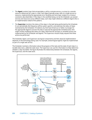 228
The Agent contains logic that encapsulates a call to a remote service, or access to a remote
resource referenced by a step in a task. Each Agent typically wraps calls to a single service or
resource, implementing the appropriate error handling and retry logic (subject to a timeout
constraint, described later). If the steps in the workflow being run by the Scheduler use several
services and resources across different steps, each step might reference a different Agent (this is
an implementation detail of the pattern).
The Supervisor monitors the status of the steps in the task being performed by the Scheduler.
It runs periodically (the frequency will be system specific), and examines the status of steps
maintained by the Scheduler. If it detects any that have timed out or failed, it arranges for
the appropriate Agent to recover the step or execute the appropriate remedial action (this
might involve modifying the status of a step). Note that the recovery or remedial actions are
implemented by the Scheduler and Agents. The Supervisor should simply request that these
actions be performed.
The Scheduler, Agent, and Supervisor are logical components and their physical implementation
depends on the technology being used. For example, several logical agents might be implemented
as part of a single web service.
The Scheduler maintains information about the progress of the task and the state of each step in a
durable data store, called the state store. The Supervisor can use this information to help determine
whether a step has failed. The figure illustrates the relationship between the Scheduler, the Agents,
the Supervisor, and the state store.
•
•
CHAPTER 6 | Catalog of patterns
 