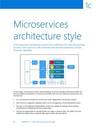 14
1c
Microservices
architecture style
A microservices architecture consists of a collection of small, autonomous
services. Each service is self-contained and should implement a single
business capability.
In some ways, microservices are the natural evolution of service oriented architectures (SOA), but
there are differences between microservices and SOA. Here are some defining characteristics of a
microservice:
In a microservices architecture, services are small, independent, and loosely coupled.
Each service is a separate codebase, which can be managed by a small development team.
Services can be deployed independently. A team can update an existing service without
rebuilding and redeploying the entire application.
Services are responsible for persisting their own data or external state. This differs from the
traditional model, where a separate data layer handles data persistence.
•
•
•
•
CHAPTER 1c | Microservices architecture style
 