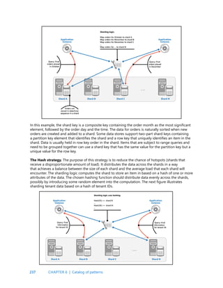 237
In this example, the shard key is a composite key containing the order month as the most significant
element, followed by the order day and the time. The data for orders is naturally sorted when new
orders are created and added to a shard. Some data stores support two-part shard keys containing
a partition key element that identifies the shard and a row key that uniquely identifies an item in the
shard. Data is usually held in row key order in the shard. Items that are subject to range queries and
need to be grouped together can use a shard key that has the same value for the partition key but a
unique value for the row key.
The Hash strategy. The purpose of this strategy is to reduce the chance of hotspots (shards that
receive a disproportionate amount of load). It distributes the data across the shards in a way
that achieves a balance between the size of each shard and the average load that each shard will
encounter. The sharding logic computes the shard to store an item in based on a hash of one or more
attributes of the data. The chosen hashing function should distribute data evenly across the shards,
possibly by introducing some random element into the computation. The next figure illustrates
sharding tenant data based on a hash of tenant IDs.
CHAPTER 6 | Catalog of patterns
 