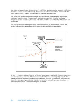 254
that it was using are released. Between times T1 and T2, the applications using Feature A and Feature
C continue running as normal. Eventually, the resource use of these two features diminishes to the
point when, at time T2, there is sufficient capacity to enable Feature B again.
The autoscaling and throttling approaches can also be combined to help keep the applications
responsive and within SLAs. If the demand is expected to remain high, throttling provides a
temporary solution while the system scales out. At this point, the full functionality of the system can
be restored.
The next figure shows an area graph of the overall resource use by all applications running in a
system against time, and illustrates how throttling can be combined with autoscaling.
At time T1, the threshold specifying the soft limit of resource use is reached. At this point, the system
can start to scale out. However, if the new resources don’t become available quickly enough, then
the existing resources might be exhausted and the system could fail. To prevent this from occurring,
the system is temporarily throttled, as described earlier. When autoscaling has completed and the
additional resources are available, throttling can be relaxed.
CHAPTER 6 | Catalog of patterns
 