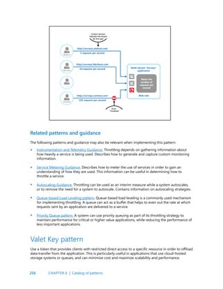 256
Related patterns and guidance
The following patterns and guidance may also be relevant when implementing this pattern:
Instrumentation and Telemetry Guidance. Throttling depends on gathering information about
how heavily a service is being used. Describes how to generate and capture custom monitoring
information.
Service Metering Guidance. Describes how to meter the use of services in order to gain an
understanding of how they are used. This information can be useful in determining how to
throttle a service.
Autoscaling Guidance. Throttling can be used as an interim measure while a system autoscales,
or to remove the need for a system to autoscale. Contains information on autoscaling strategies.
Queue-based Load Leveling pattern. Queue-based load leveling is a commonly used mechanism
for implementing throttling. A queue can act as a buffer that helps to even out the rate at which
requests sent by an application are delivered to a service.
Priority Queue pattern. A system can use priority queuing as part of its throttling strategy to
maintain performance for critical or higher value applications, while reducing the performance of
less important applications.
•
•
•
•
•
Valet Key pattern
Use a token that provides clients with restricted direct access to a specific resource in order to offload
data transfer from the application. This is particularly useful in applications that use cloud-hosted
storage systems or queues, and can minimize cost and maximize scalability and performance.
CHAPTER 6 | Catalog of patterns
 