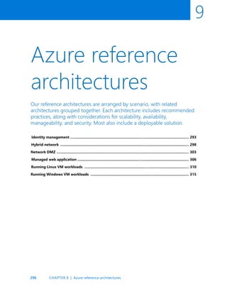 296
9
Azure reference
architectures
Our reference architectures are arranged by scenario, with related
architectures grouped together. Each architecture includes recommended
practices, along with considerations for scalability, availability,
manageability, and security. Most also include a deployable solution.
CHAPTER 8 | Azure reference architectures
Identity management …....................................................................…........................................… 293
Hybrid network …..............................................................................…........................................… 298
Network DMZ ….............................................................................................................................… 303
Managed web application …..........................................................…...........................................… 306
Running Linux VM workloads ….........................................................….....................................… 310
Running Windows VM workloads …........................................................…................................… 315
 