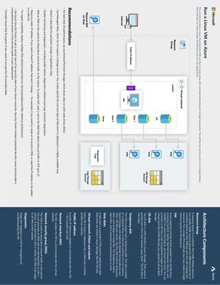 315
Architecture
Components
Recommendations
•
For
best
disk
I/O
performance,
we
recommend
Premium
Storage,
which
stores
data
on
solid-state
drives
(SSDs).
•
Use
Managed
disks,
which
do
not
require
a
storage
account.
You
simply
specify
the
size
and
type
of
disk
and
it
is
deployed
in
a
highly
available
way.
•
Attach
a
data
disk
for
persistent
storage
of
application
data.
•
Enable
monitoring
and
diagnostics,
including
health
metrics,
diagnostics
infrastructure
logs,
and
boot
diagnostics.
•
Add
an
NSG
to
the
subnet
to
allow/deny
network
traffic
to
the
subnet.
To
enable
SSH,
add
a
rule
to
the
NSG
that
allows
inbound
traffic
to
TCP
port
22.
•
Reserve
a
static
IP
address
if
you
need
a
fixed
IP
address
that
won't
change
—
for
example,
if
you
need
to
create
an
A
record
in
DNS,
or
need
the
IP
address
to
be
added
to
a
safe
list.
•
For
higher
availability,
deploy
multiple
VMs
behind
a
load
balancer.
See
[Load
balanced
VMs
reference
architecture]
•
Use
Azure
Security
Center
to
get
a
central
view
of
the
security
state
of
your
Azure
resources.
Security
Center
monitors
potential
security
issues
and
provides
a
comprehensive
picture
of
the
security
health
of
your
deployment.
•
Consider
Azure
Disk
Encryption
if
you
need
to
encrypt
the
OS
and
data
disks.
Resource
Group
A
resource
group
is
a
container
that
holds
related
resources.
You
usually
create
resource
groups
for
different
resources
in
a
solution
based
on
their
lifetime,
and
who
will
manage
the
resources.
For
a
single
VM
workload,
you
may
create
a
single
resource
group
for
all
resources.
VM
Azure
supports
running
various
popular
Linux
distributions,
including
CentOS,
Debian,
Red
Hat
Enterprise,
Ubuntu,
and
FreeBSD.
For
more
information,
see
Azure
and
Linux.
You
can
provision
a
VM
from
a
list
of
published
images
or
from
a
virtual
hard
disk
(VHD)
file
that
you
upload
to
Azure
Blob
storage.
OS
disk
The
OS
disk
is
a
VHD
stored
in
Azure
Storage.
That
means
it
persists
even
if
the
host
machine
goes
down.
The
OS
disk
is
/dev/sda1.
Data
disks
A
data
disk
is
a
persistent
VHD
used
for
application
data.
Data
disks
are
stored
in
Azure
Storage,
like
the
OS
disk.
Virtual
network
(VNet)
and
subnet
Every
VM
in
Azure
is
deployed
into
a
VNet
that
is
further
divided
into
subnets.
Public
IP
address
A
public
IP
address
is
needed
to
communicate
with
the
VM
—
for
example
over
SSH.
Network
interface
(NIC)
The
NIC
enables
the
VM
to
communicate
with
the
virtual
network.
Network
security
group
(NSG)
The
NSG
is
used
to
allow/deny
network
traffic
to
the
subnet.
You
can
associate
an
NSG
with
an
individual
NIC
or
with
a
subnet.
If
you
associate
it
with
a
subnet,
the
NSG
rules
apply
to
all
VMs
in
that
subnet.
Diagnostics
Diagnostic
logging
is
crucial
for
managing
and
troubleshooting
the
VM.
Temporary
disk
The
VM
is
created
with
a
temporary
disk.
This
disk
is
stored
on
a
physical
drive
on
the
host
machine.
It
is
not
saved
in
Azure
Storage,
and
might
be
deleted
during
reboots
and
other
VM
lifecycle
events.
Use
this
disk
only
for
temporary
data,
such
as
page
or
swap
files.
The
temporary
disk
is
/dev/sdb1
and
is
mounted
at
/mnt/resource
or
/mnt.
VM
OS
Data
1
Data
2
Temp
Resource
Group
N I C
Diagnostics
Logs
VHD
VHD
VM
Storage
Account
Logs
Storage
Account
VHD
Physical
SSD
on
Host
SUBNET
Virtual
network
Internet
Public
IP
Address
Run
a
Linux
VM
on
Azure
This
architecture
shows
a
Linux
virtual
machine
(VM)
running
on
Azure,
along
with
associated
networking
and
storage
components.
This
architecture
can
be
used
to
run
a
single
instance,
and
is
the
basis
for
more
complex
architectures
such
as
n-tier
applications.
Azure
 