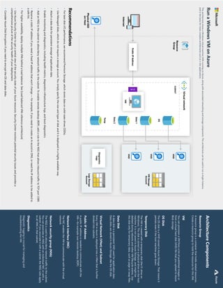 320
Public
IP
Address
Network
interface
(NIC)
Network
security
group
(NSG)
Diagnostics
Temporary
Disk
Data
Disk
Virtual
Network
(VNet)
and
Subnet
Resource
Group
A
resource
group
is
a
container
that
holds
related
resources.
Create
a
resource
group
to
hold
the
resources
for
this
VM.
A
public
IP
address
is
needed
to
communicate
with
the
VM—for
example
over
remote
desktop
(RDP).
The
NIC
enables
the
VM
to
communicate
with
the
virtual
network.
The
NSG
is
used
to
allow/deny
network
traffic
to
the
subnet.
You
can
associate
an
NSG
with
an
individual
NIC
or
with
a
subnet.
If
you
associate
it
with
a
subnet,
the
NSG
rules
apply
to
all
VMs
in
that
subnet.
Diagnostic
logging
is
crucial
for
managing
and
troubleshooting
the
VM.
VM
You
can
provision
a
VM
from
a
list
of
published
images
or
from
a
virtual
hard
disk
(VHD)
file
that
you
upload
to
Azure
Blob
storage.
OS
Disk
The
OS
disk
is
a
VHD
stored
in
Azure
Storage.
That
means
it
persists
even
if
the
host
machine
goes
down.
The
VM
is
created
with
a
temporary
disk
(the
D:
drive
on
Windows).
This
disk
is
stored
on
a
physical
drive
on
the
host
machine.
It
is
not
saved
in
Azure
Storage,
and
might
be
deleted
during
reboots
and
other
VM
lifecycle
events.
Use
this
disk
only
for
temporary
data,
such
as
page
or
swap
files.
A
data
disk
is
a
persistent
VHD
used
for
application
data.
Data
disks
are
stored
in
Azure
Storage,
like
the
OS
disk.
Every
VM
in
Azure
is
deployed
into
a
VNet
that
is
further
divided
into
subnets.
Recommendations
•
For
best
disk
I/O
performance,
we
recommend
Premium
Storage,
which
stores
data
on
solid-state
drives
(SSDs).
•
Use
Managed
disks,
which
do
not
require
a
storage
account.
You
simply
specify
the
size
and
type
of
disk
and
it
is
deployed
in
a
highly
available
way.
•
Attach
a
data
disk
for
persistent
storage
of
application
data.
•
Enable
monitoring
and
diagnostics,
including
health
metrics,
diagnostics
infrastructure
logs,
and
boot
diagnostics.
•
Add
an
NSG
to
the
subnet
to
allow/deny
network
traffic
to
the
subnet.
To
enable
remote
desktop
(RDP),
add
a
rule
to
the
NSG
that
allows
inbound
traffic
to
TCP
port
3389.
•
Reserve
a
static
IP
address
if
you
need
a
fixed
IP
address
that
won't
change
—
for
example,
if
you
need
to
create
an
A
record
in
DNS,
or
need
the
IP
address
to
be
added
to
a
safe
list.
•
For
higher
availability,
deploy
multiple
VMs
behind
a
load
balancer.
See
[Load
balanced
VMs
reference
architecture]
•
Use
Azure
Security
Center
to
get
a
central
view
of
the
security
state
of
your
Azure
resources.
Security
Center
monitors
potential
security
issues
and
provides
a
comprehensive
picture
of
the
security
health
of
your
deployment.
•
Consider
Azure
Disk
Encryption
if
you
need
to
encrypt
the
OS
and
data
disks.
Run
a
Windows
VM
on
Azure
This
architecture
shows
a
Windows
virtual
machine
(VM)
running
on
Azure,
along
with
associated
networking
and
storage
components.
This
architecture
can
be
used
to
run
a
single
instance,
and
is
the
basis
for
more
complex
architectures
such
as
n-tier
applications.
Architecture
Components
VM
OS
Data
1
Data
2
Temp
Resource
Group
N I C
Diagnostics
Logs
VHD
VHD
VM
Storage
Account
Logs
Storage
Account
VHD
Physical
SSD
on
Host
SUBNET
Virtual
network
Internet
Public
IP
Address
Azure
 