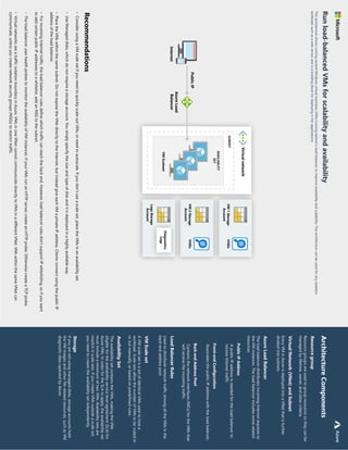321
Architecture
Components
Storage
Resource
group
Resource
groups
are
used
to
group
resources
so
they
can
be
managed
by
lifetime,
owner,
and
other
criteria.
Virtual
Network
(VNet)
and
Subnet
Every
VM
in
Azure
is
deployed
into
a
VNet
that
is
further
divided
into
subnets.
Azure
Load
Balancer
The
load
balancer
distributes
incoming
Internet
requests
to
the
VM
instances.
The
load
balancer
includes
some
related
resources:
Load
Balancer
Rules
Used
to
distribute
network
traffic
among
all
the
VMs
in
the
back-end
address
pool.
VM
Scale
set
A
VM
scale
set
is
a
set
of
identical
VMs
used
to
host
a
workload.
Scale
sets
allow
the
number
of
VMs
to
be
scaled
in
or
out
manually,
or
based
on
predefined
rules.
Availability
Set
The
availability
set
contains
the
VMs,
making
the
VMs
eligible
for
the
availability
service
level
agreement
(SLA)
for
Azure
VMs.
In
order
for
the
SLA
to
apply,
the
availability
set
must
include
a
minimum
of
two
VMs.
Availability
sets
are
implicit
in
scale
sets.
If
you
create
VMs
outside
a
scale
set,
you
need
to
create
the
availability
set
independently.
If
you
are
not
using
managed
disks,
storage
accounts
hold
the
VM
images
and
other
file-related
resources,
such
as
VM
diagnostic
data
captured
by
Azure.
Public
IP
Address
A
public
IP
address
is
needed
for
the
load
balancer
to
receive
Internet
traffic.
Front-end
Configuration
Associates
the
public
IP
address
with
the
load
balancer.
Back-end
Address
Pool
Contains
the
network
interfaces
(NICs)
for
the
VMs
that
will
receive
the
incoming
traffic.
Public
IP
Azure
Load
Balancer
AVAILABLITY
SET
SUBNET
VHDs
VM
1
Storage
Account
VHDs
VM
2
Storage
Account
Logs
Storage
Account
Diagnostics
Logs
VM
Scaleset
Internet
Virtual
network
Run
load-balanced
VMs
for
scalability
and
availability
This
architecture
shows
running
several
Windows
virtual
machines
(VMs)
running
behind
a
load
balancer,
to
improve
availability
and
scalability.
This
architecture
can
be
used
for
any
stateless
workload,
such
as
a
web
server,
and
is
a
building
block
for
deploying
n-tier
applications.
•
Consider
using
a
VM
scale
set
if
you
need
to
quickly
scale
out
VMs,
or
need
to
autoscale.
If
you
don’t
use
a
scale
set,
place
the
VMs
in
an
availability
set.
•
Use
Managed
disks,
which
do
not
require
a
storage
account.
You
simply
specify
the
size
and
type
of
disk
and
it
is
deployed
in
a
highly
available
way.
•
Place
the
VMs
within
the
same
subnet.
Do
not
expose
the
VMs
directly
to
the
Internet,
but
instead
give
each
VM
a
private
IP
address.
Clients
connect
using
the
public
IP
address
of
the
load
balancer.
•
For
incoming
Internet
traffic,
the
load
balancer
rules
define
which
traffic
can
reach
the
back
end.
However,
load
balancer
rules
don't
support
IP
whitelisting,
so
if
you
want
to
add
certain
public
IP
addresses
to
a
whitelist,
add
an
NSG
to
the
subnet.
•
The
load
balancer
uses
health
probes
to
monitor
the
availability
of
VM
instances.
If
your
VMs
run
an
HTTP
server,
create
an
HTTP
probe.
Otherwise
create
a
TCP
probe.
•
Virtual
networks
are
a
traffic
isolation
boundary
in
Azure.
VMs
in
one
VNet
cannot
communicate
directly
to
VMs
in
a
different
VNet.
VMs
within
the
same
VNet
can
communicate,
unless
you
create
network
security
groups
(NSGs)
to
restrict
traffic.
Recommendations
Azure
 