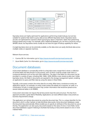 45
Key/value stores are highly optimized for applications performing simple lookups, but are less
suitable for systems that need to query data across different key/value stores. Key/value stores
are also not optimized for scenarios where querying by value is important, rather than performing
lookups based only on keys. For example, with a relational database, you can find a record by using a
WHERE clause, but key/values stores usually do not have this type of lookup capability for values.
A single key/value store can be extremely scalable, as the data store can easily distribute data across
multiple nodes on separate machines.
Relevant Azure services:
Cosmos DB. For information, go to https://azure.microsoft.com/services/cosmos-db.
Azure Redis Cache. For information, go to https://azure.microsoft.com/services/cache.
•
•
A document database is conceptually similar to a key/value store, except that it stores a collection
of named fields and data (known as documents), each of which could be simple scalar items or
compound elements such as lists and child collections. The data in the fields of a document can be
encoded in a variety of ways, including XML, YAML, JSON, BSON,or even stored as plain text. Unlike
key/value stores, the fields in documents are exposed to the storage management system, enabling
an application to query and filter data by using the values in these fields.
Typically, a document contains the entire data for an entity. What items constitute an entity are
application specific. For example, an entity could contain the details of a customer, an order, or a
combination of both. A single document may contain information that would be spread across
several relational tables in an RDBMS.
A document store does not require that all documents have the same structure. This free-form
approach provides a great deal of flexibility. Applications can store different data in documents as
business requirements change.
The application can retrieve documents by using the document key. This is a unique identifier for the
document, which is often hashed, to help distribute data evenly. Some document databases create
the document key automatically. Others enable you to specify an attribute of the document to use as
the key. The application can also query documents based on the value of one or more fields. Some
document databases support indexing to facilitate fast lookup of documents based on one or more
indexed fields.
Document databases
CHAPTER 2c | Data store overview
 