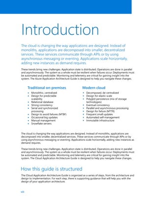 viii
Introduction
The cloud is changing the way applications are designed. Instead of
monoliths, applications are decomposed into smaller, decentralized
services. These services communicate through APIs or by using
asynchronous messaging or eventing. Applications scale horizontally,
adding new instances as demand requires.
These trends bring new challenges. Application state is distributed. Operations are done in parallel
and asynchronously. The system as a whole must be resilient when failures occur. Deployments must
be automated and predictable. Monitoring and telemetry are critical for gaining insight into the
system. The Azure Application Architecture Guide is designed to help you navigate these changes.
The cloud is changing the way applications are designed. Instead of monoliths, applications are
decomposed into smaller, decentralized services. These services communicate through APIs or by
using asynchronous messaging or eventing. Applications scale horizontally, adding new instances as
demand requires.
These trends bring new challenges. Application state is distributed. Operations are done in parallel
and asynchronously. The system as a whole must be resilient when failures occur. Deployments must
be automated and predictable. Monitoring and telemetry are critical for gaining insight into the
system. The Cloud Application Architecture Guide is designed to help you navigate these changes.
The Cloud Application Architecture Guide is organized as a series of steps, from the architecture and
design to implementation. For each step, there is supporting guidance that will help you with the
design of your application architecture.
Traditional on-premises Modern cloud
Monolithic, centralized
Design for predictable
scalability
Relational database
Strong consistency
Serial and synchronized
processing
Design to avoid failures (MTBF)
Occasional big updates
Manual management
Snowflake servers
Decomposed, de-centralized
Design for elastic scale
Polyglot persistence (mix of storage
technologies)
Eventual consistency
Parallel and asynchronous processing
Design for failure (MTTR)
Frequent small updates
Automated self-management
Immutable infrastructure
How this guide is structured
•
•
•
•
•
•
•
•
•
•
•
•
•
•
•
•
•
•
 