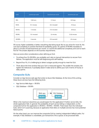 85
Of course, higher availability is better, everything else being equal. But as you strive for more 9s, the
cost and complexity to achieve that level of availability grows. An uptime of 99.99% translates to
about 5 minutes of total downtime per month. Is it worth the additional complexity and cost to reach
five 9s? The answer depends on the business requirements.
Here are some other considerations when defining an SLA:
To achieve four 9’s (99.99%), you probably can’t rely on manual intervention to recover from
failures. The application must be self-diagnosing and self-healing.
Beyond four 9’s, it is challenging to detect outages quickly enough to meet the SLA.
Think about the time window that your SLA is measured against. The smaller the window, the
tighter the tolerances. It probably doesn’t make sense to define your SLA in terms of hourly or
daily uptime.
Consider an App Service web app that writes to Azure SQL Database. At the time of this writing,
these Azure services have the following SLAs:
App Service Web Apps = 99.95%
SQL Database = 99.99%
Composite SLAs
•
•
•
•
•
What is the maximum downtime you would expect for this application? If either service fails, the
whole application fails. In general, the probability of each service failing is independent, so the
composite SLA for this application is 99.95% × 99.99% = 99.94%. That’s lower than the individual
SLAs, which isn’t surprising, because an application that relies on multiple services has more potential
failure points.
On the other hand, you can improve the composite SLA by creating independent fallback paths. For
example, if SQL Database is unavailable, put transactions into a queue, to be processed later.
SLAD owntime per week Downtime per month
99.9% 10.1 minutes 43.2 minutes8 .76 hours
99.95% 5 minutes 21.6 minutes4 .38 hours
99.99% 1.01 minutes4 .32 minutes 52.56 minutes
99.999% 6 seconds 25.9 seconds5 .26 minutes
99% 1.68 hours 7.2 hours 3.65 days
Downtime per year
CHAPTER 3k | Designing resilient applications for Azure
 