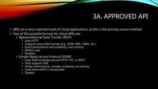3A. APPROVED API
• APIs are a very important part of cloud applications, as this is the primary access method
• Two of the possible formats for cloud APIs are:
• Representational State Transfer (REST)
• Uses HTTP
• Supports many data formats (e.g., JSON, XML, YAML, etc.)
• Good performance and scalability, uses caching
• Widely used
• Stateless
• Simple Object Access Protocol (SOAP)
• Uses SOAP envelope around HTTP, FTP, or SMTP
• Only supports XML
• Slower performance, complex scalability, no caching
• Used where REST is not possible
• Stateful
 