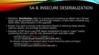 5A-8. INSECURE DESERIALIZATION
• Definition: Serialization refers to a process of converting an object into a format
which can be persisted to disk, sent through streams, or sent over a network (e.g.,
JSON, XML). Deserialization is the opposite.
• Impact: Can lead to remote code execution attacks or allowing replay attacks,
injection attacks, and privilege escalation attacks
• Example: A PHP forum uses PHP object serialization to save a "super" cookie,
containing the user's user ID, role, password hash, and other state:
a:4:{i:0;i:132;i:1;s:7:"Mallory";i:2;s:4:"user";
i:3;s:32:"b6a8b3bea87fe0e05022f8f3c88bc960";}
An attacker changes the serialized object to give themselves admin privileges:
a:4:{i:0;i:1;i:1;s:5:"Alice";i:2;s:5:"admin";
i:3;s:32:"b6a8b3bea87fe0e05022f8f3c88bc960";}
 