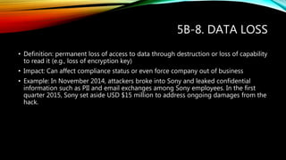 5B-8. DATA LOSS
• Definition: permanent loss of access to data through destruction or loss of capability
to read it (e.g., loss of encryption key)
• Impact: Can affect compliance status or even force company out of business
• Example: In November 2014, attackers broke into Sony and leaked confidential
information such as PII and email exchanges among Sony employees. In the first
quarter 2015, Sony set aside USD $15 million to address ongoing damages from the
hack.
 