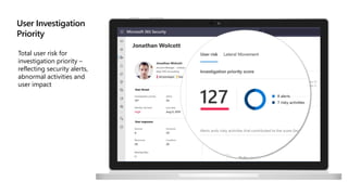 Total user risk for
investigation priority –
reflecting security alerts,
abnormal activities and
user impact
User Investigation
Priority
 
