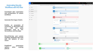 Centralized alert automation
and orchestration of custom
workflows
Automate the triage of alerts
Enables an ecosystem of
connectors in Microsoft Flow
incl. >100 3rd party
connectors such as Jira,
ServiceNow, and DocuSign
Out-of-the-box and custom
workflow playbooks that work
with the systems of your
choice
Predefined governance
options when creating
policies
Automating Security
WorkflowswithMSFlow
 