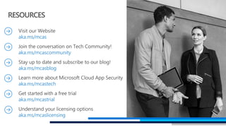 RESOURCES
aka.ms/mcas​
aka.ms/mcascommunity
aka.ms/mcasblog
aka.ms/mcastech
aka.ms/mcastrial
aka.ms/mcaslicensing
 