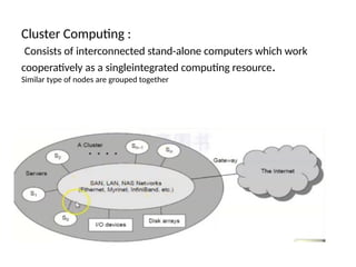 Cluster Computing :
Consists of interconnected stand-alone computers which work
cooperatively as a singleintegrated computing resource.
Similar type of nodes are grouped together
 